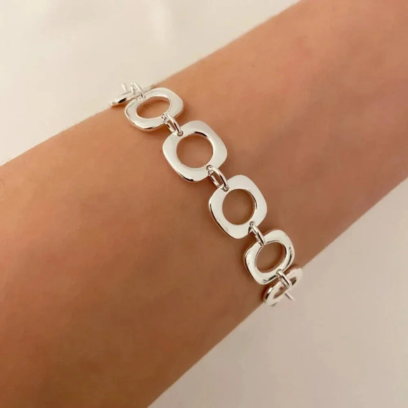 925 Sterling Silver Circle Link Bracelet Large Chunky Toggle Chain Bracelet - Picture 1 of 6